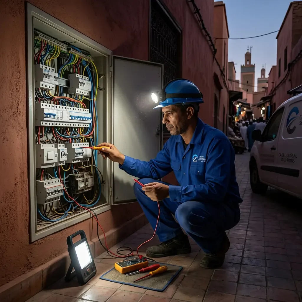 Technicien électricien intervenant sur un tableau électrique suite à une coupure de courant à Marrakech