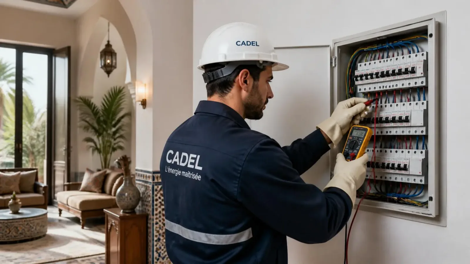 Électricien CADEL intervenant sur un tableau électrique après une coupure de courant villa marrakech