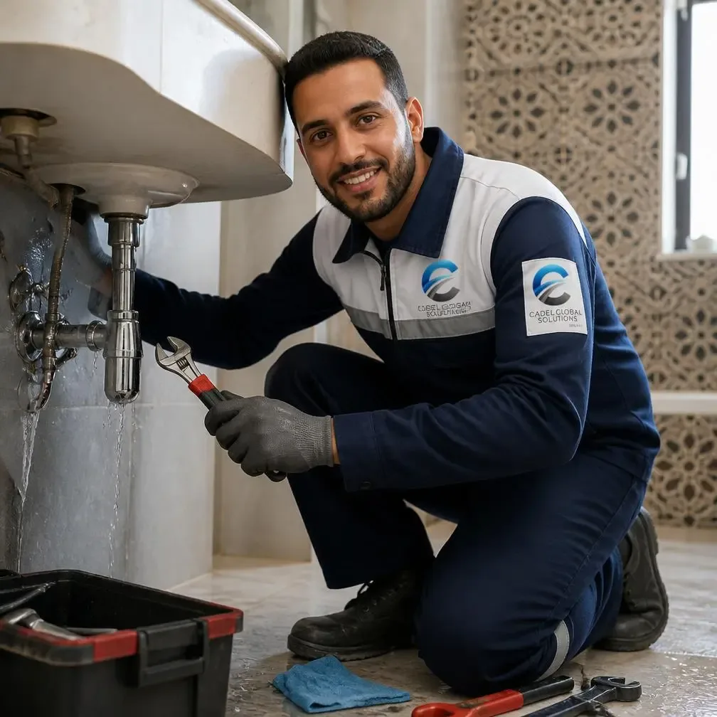 Technicien réalisant un dépannage plomberie urgente pour une fuite d'eau à Marrakech.