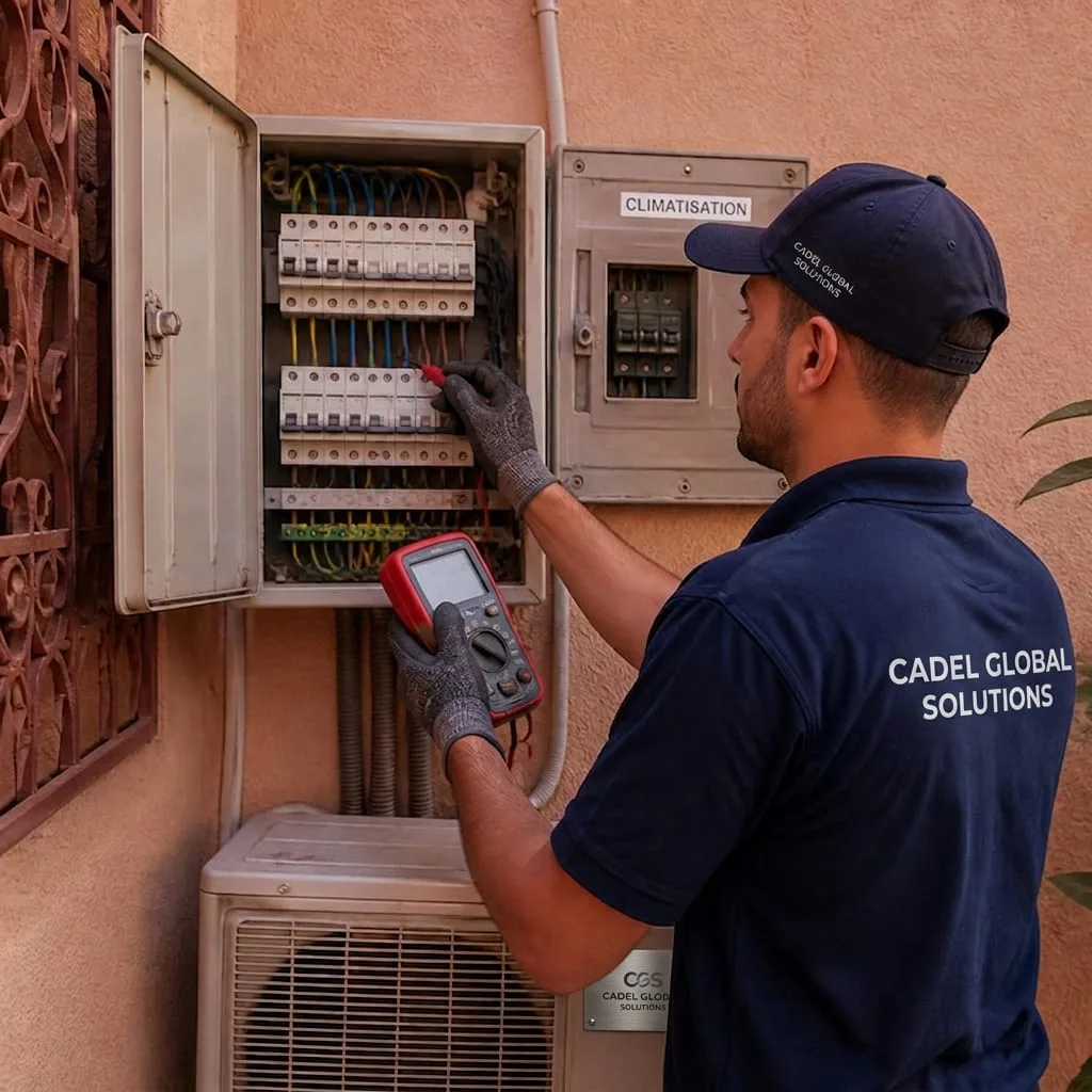 Technicien électricien vérifiant un tableau électrique et un disjoncteur de climatisation à Marrakech