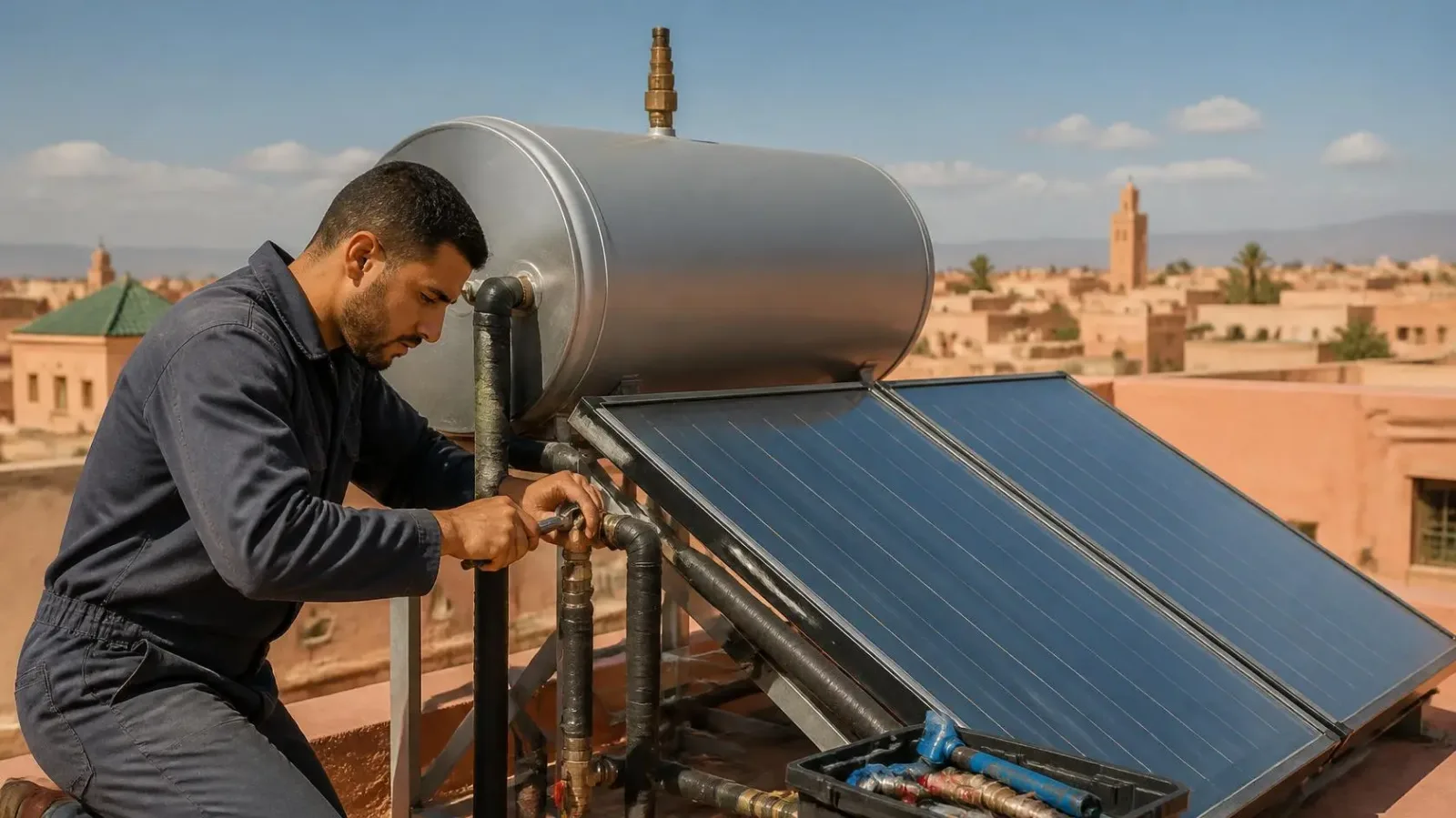 Plombier réalisant l'entretien chauffe-eau à Marrakech sur un système solaire thermique