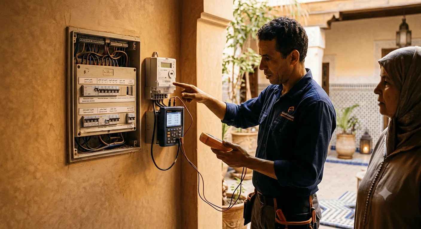 Technicien vérifiant le tableau électrique pour réduire la facture d'électricité à Marrakech