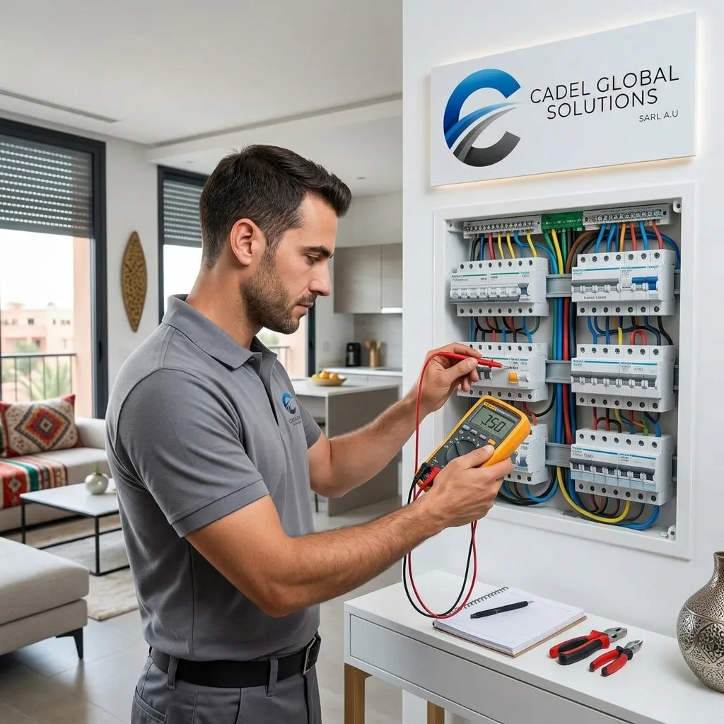 Technicien réalisant un diagnostic d'installation électrique aux normes à Marrakech