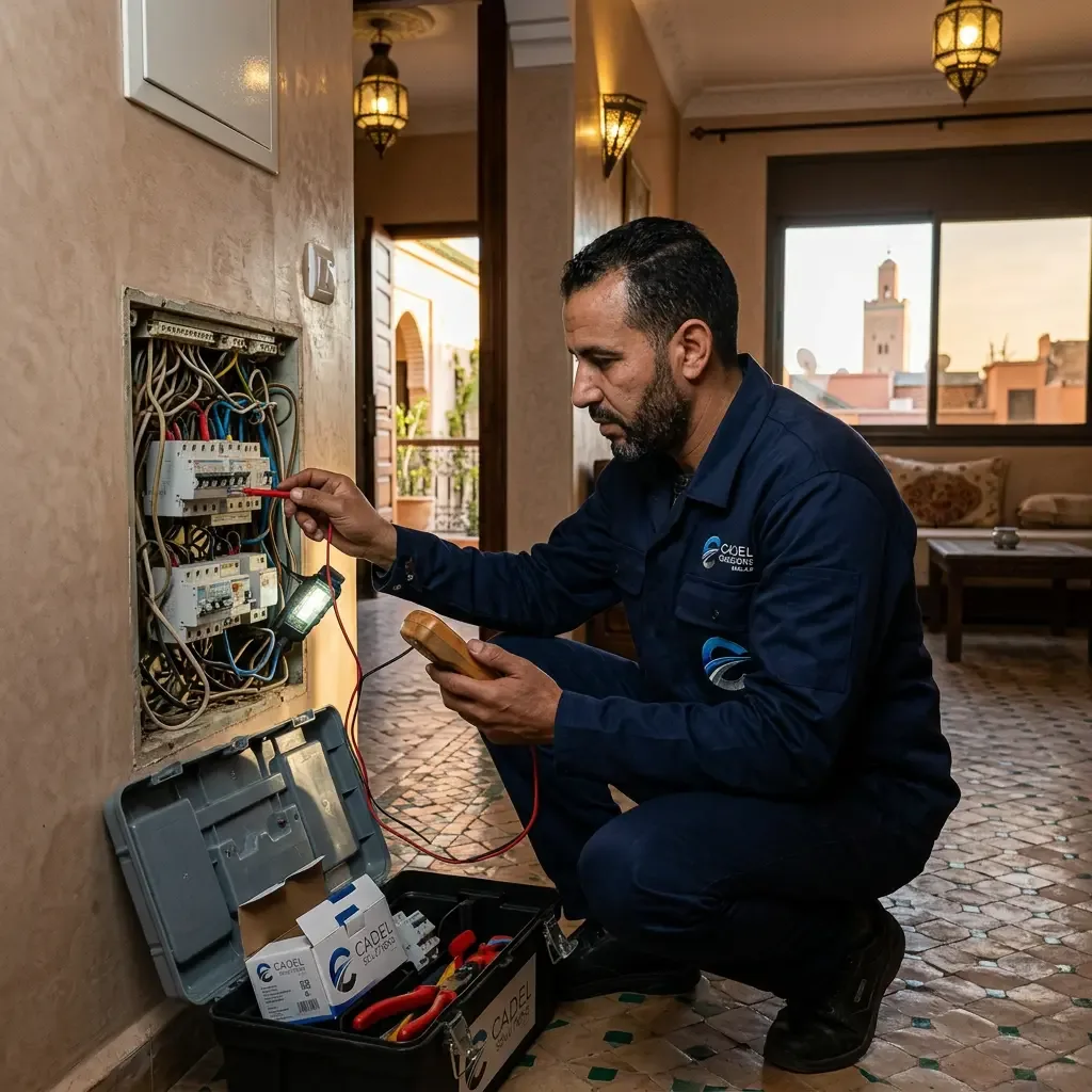 Technicien électricien CADEL diagnostiquant une panne d'électricité chez soi à Marrakech sur un tableau électrique.