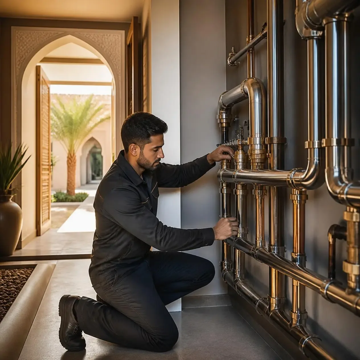 Intervention technique pour l'installation d'un réseau de plomberie haut de gamme dans une villa à Marrakech.
