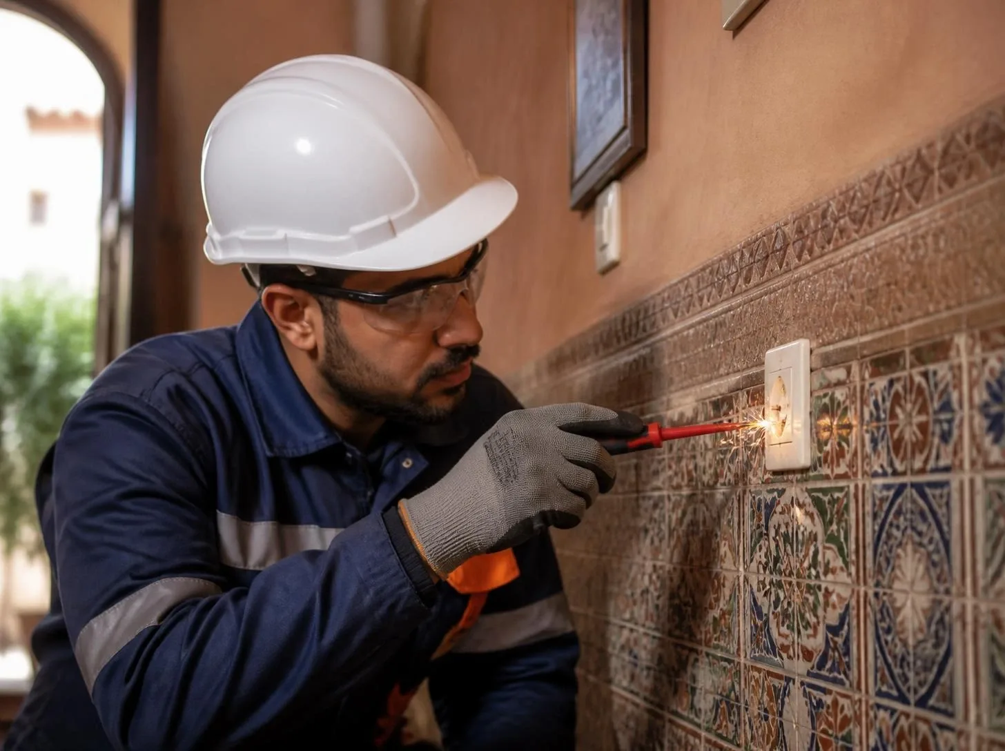 Électricien contrôlant une prise électrique qui produit des étincelles à Marrakech