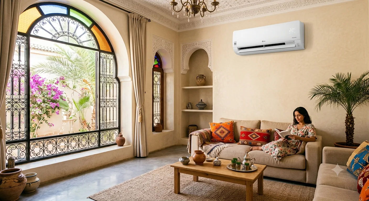 Technicien CADEL Global Solutions installant un climatiseur split dans un salon à Marrakech.