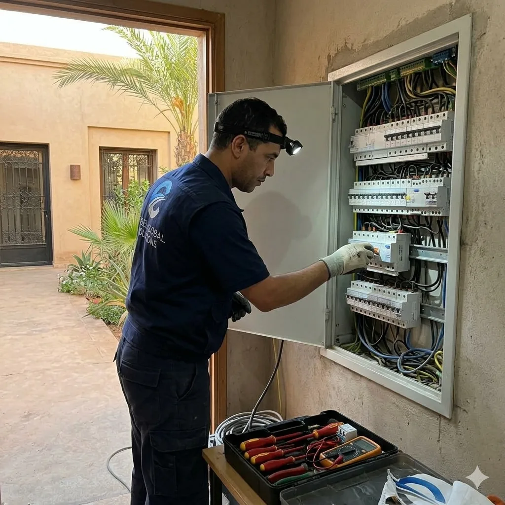 Électricien professionnel pour réarmer un disjoncteur différentiel dans une villa à Marrakech