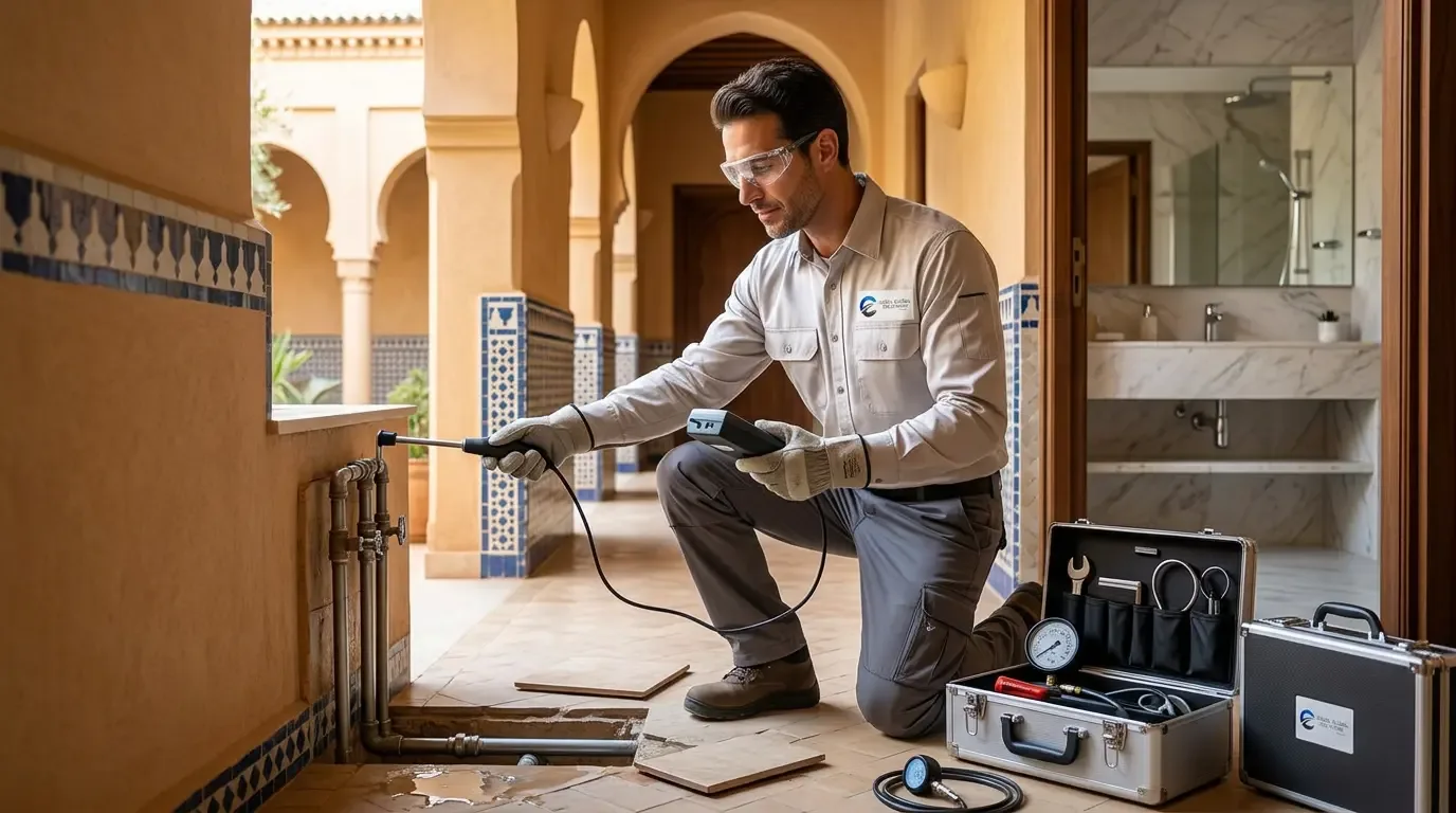 Technicien de CADEL Global Solutions effectuant une recherche de fuite d'eau dans une villa à Marrakech