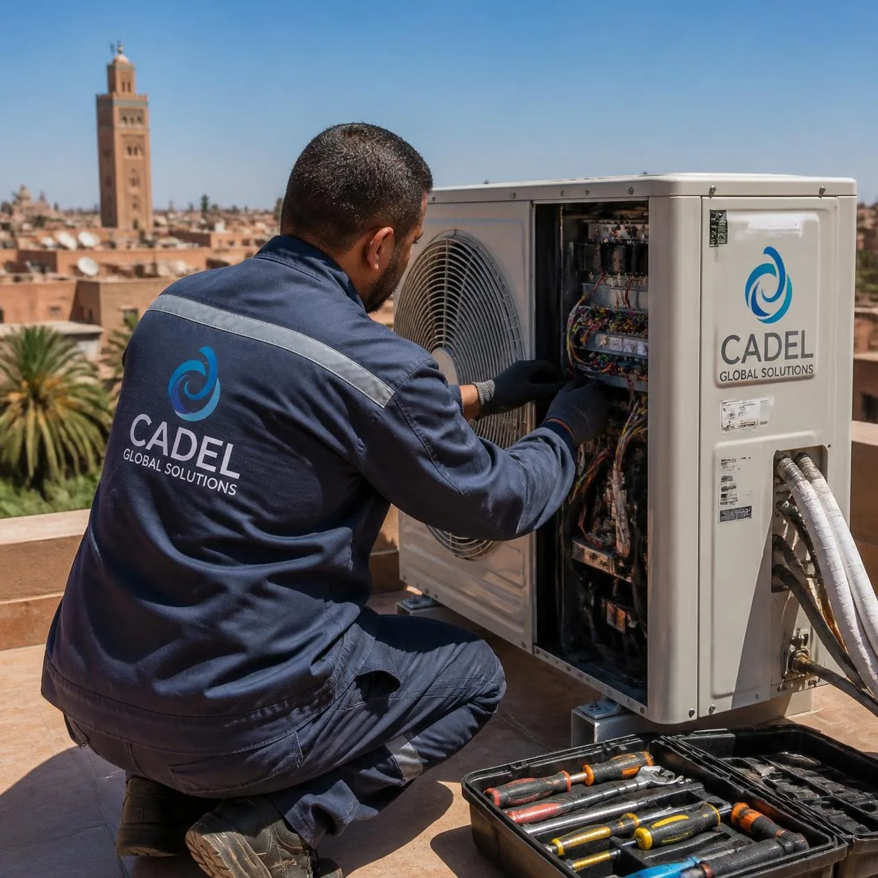 Technicien effectuant l'entretien d'une climatisation pour réduire la facture d'électricité de la climatisation en été à Marrakech